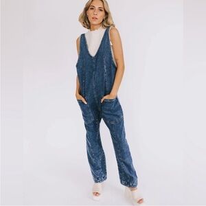 We The Free High Roller Jumpsuit Sapphire Blue Denim Overalls Size Medium